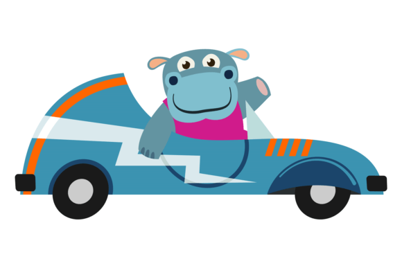 Funny Hippo Riding Car. Cartoon Baby Ani
